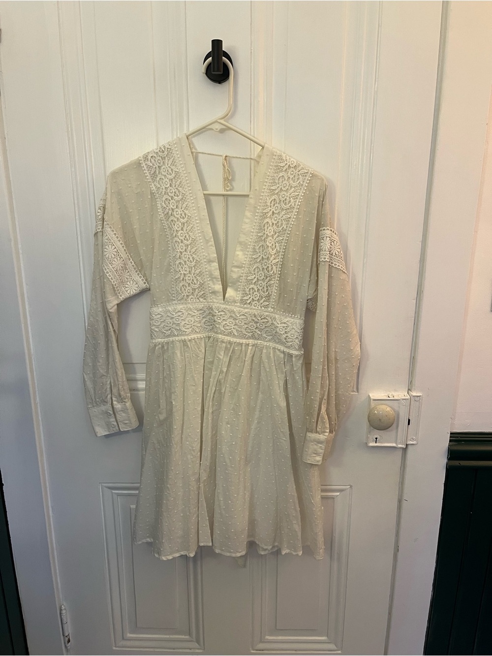 SHEIN Cream Lace Trim V-Neck Swiss Dot Mini Dress